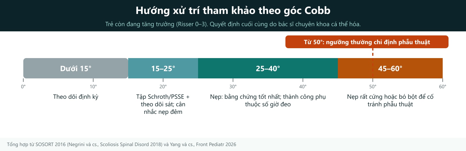 Cách đọc hình: thanh màu đi từ trái sang phải là góc Cobb tăng dần (0° đến 60°). Dưới mỗi đoạn là hướng xử trí thường được cân nhắc cho trẻ còn đang lớn (Risser 0–3): dưới 15° theo dõi; 15–25° tập Schroth/PSSE và theo dõi sát, có thể cân nhắc nẹp đêm; 25–40° nẹp là phương pháp có bằng chứng tốt nhất; 45–60° nẹp rất cứng hoặc bó bột để cố tránh phẫu thuật. Vạch đỏ ở 50° là ngưỡng thường được cân nhắc phẫu thuật. Ranh giới các đoạn là khoảng tham khảo từ khuyến cáo SOSORT 2016 và phân tích mạng Yang 2026; sai số đo góc Cobb khoảng ±5° nên các mốc không cứng nhắc. Quyết định cuối cùng do bác sĩ chuyên khoa cá thể hóa.