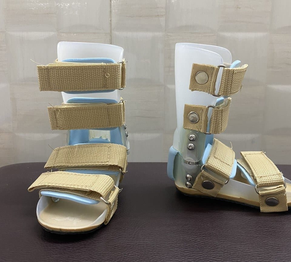 Below-knee orthoses for children: they wrap the shank and foot and keep the ankle steady in standing and walking.